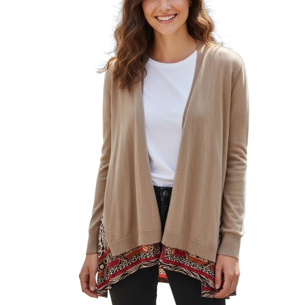 CHICOS Open Cardigan Scarf Hem Tan Women's Size 2/Largw